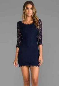 Diane Von Furstenberg DVF Zarita Scoop Dress Sz 10 Blue Lace Overlay Long Sleeve - Picture 1 of 12