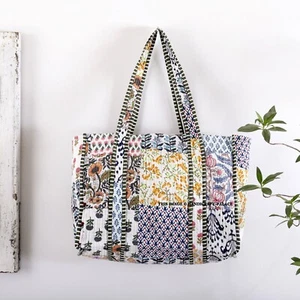 Indian White Patchwork Quilted Shoulder Bag Women's Beach Cotton Tote Handbag - Picture 1 of 5