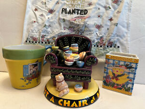 Mary Engelbreit Lot, Dish Towel, Chair Bank, Flower Pot Mug, Chick Shop Bag Vase