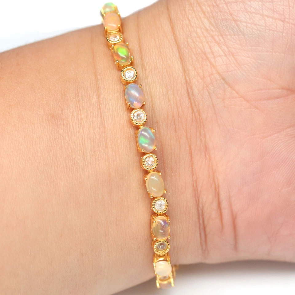Unheated Gemstones Multicolor Opal & Cubic Zirconia 925 Silver Bracelet 10.5" - Image 1 of 4