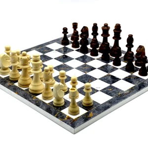 Grey Marble Pattern Chess Board and Wooden Chess Set with Wooden Chess Pieces - Picture 1 of 10