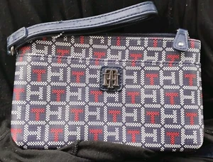 Tommy Hilfiger borsa da polso portamonete rosso bianco blu con logo argento 2 tasche - Foto 1 di 5