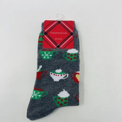Charter Club Mujer Talla 9-11 Navidad Vacaciones Hot Cacao Latte Crew Calcetines Gris Foto 1 de 4