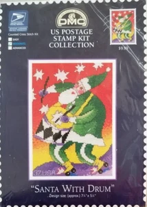 Cross Stitch Kit SANTA with DRUM DMC USPS Stamp Collection Christmas NIP - Picture 1 of 6