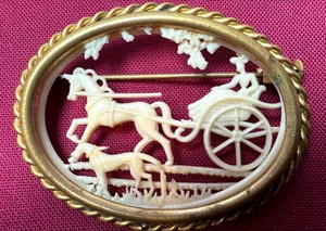 Vintage Art Deco Depose France Celluloid Brooch Horse and Carriage with Dog Oval - Picture 1 of 2
