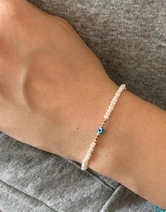 Minimalistisches Perlen Evil Eye Armband - Handarbeit Geschenk 925 Silber Echt Edelstein - Bild 1 von 6
