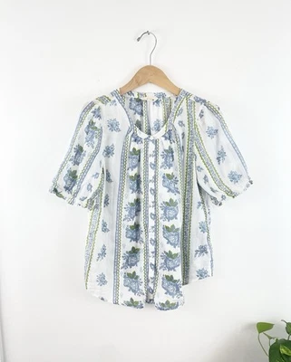 Lucky Brand M Blue Floral White Boho Short Sleeve Top Women’s Medium Cottage  - Image 1 of 4
