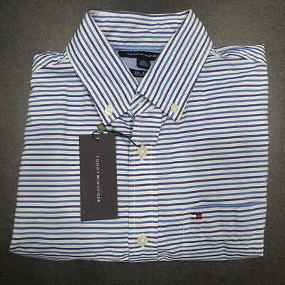 Tommy Hilfiger Shirt Mens- Blue Striped Long Sleeve Button Down 80s 2 Ply  -NEW - image 1 of 4