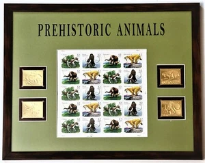 1996 Prehistoric Animals Sheet & Gold Replica Stamps Matted & Framed SC #3077-80 - Picture 1 of 10
