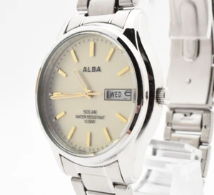 [ MINT w/Box] SEIKO V158-0AX0 ALBA Day/Date Gold Solar Unisex Watch From JAPAN - Picture 1 of 14