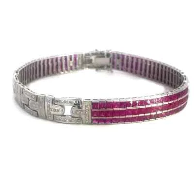 Brazalete de diamantes de oro rubí blanco de 18 k corte francés rubí ancho eslabón elegante de 8,75" de largo Foto 1 de 4