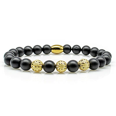 Onyx Armband Bracelet Perlenarmband Beads Kugel 24k vergoldet schwarz matt 8mm  - Bild 1 von 2