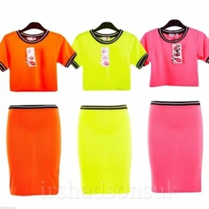 New Girls Neon Bright Colors Fashion Crop Top & Stylish Pencil Skirt 7-13 Years - Picture 1 of 10