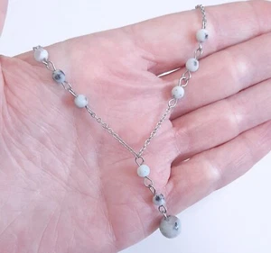 Healing Stone Lotus Jasper Y Shaped Lariat Necklace Non-Tarnish Steel Chain - Picture 1 of 8