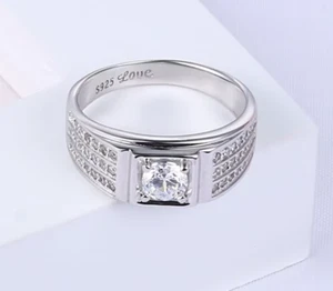 Platinum 925 Sterling Silver Crystal Zirconia Lover's Ring (Size 8.5, 9.5, 10.5) - Picture 1 of 5