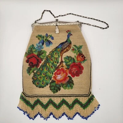 Antique  Micro Beaded Peacock Purse With Embossed Frame Silver Plated - Image 1 of 4