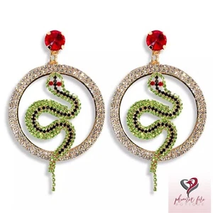 Green Snake 4" Big Hoop Earrings Crystal Rhinestone Summer 2023 Fashion Trendy - Bild 1 von 4