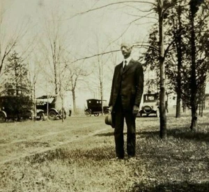 Tall Thin Man Holding Hat By Cars B&W Photograph Snapshot 3.25 x 4.25 - Picture 1 of 3