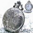 Pocket Watch Silver Color Men 47 Mm Pewter Design With Fob Chain And Box P222