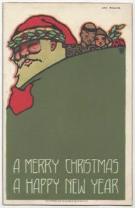 1918 Folk Art SANTA CLAUS, Green Suit Artist Signed Phillips, Christmas Greeting - Picture 1 of 2