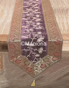 Satin Embroidered Aari Zari Table Runner Indian Purple Silk Brocade Table Runner - Picture 1 of 5