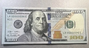 Very Low Serial Number $100 Bill LK00000096 E USA Note - Picture 1 of 3
