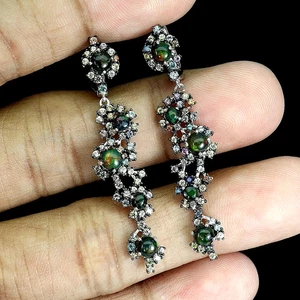 NATURAL AAA BLACK FIRE OPAL & MULTI SAPPHIRE EARRINGS 925 STERLING SILVER 14KWGP - Picture 1 of 3