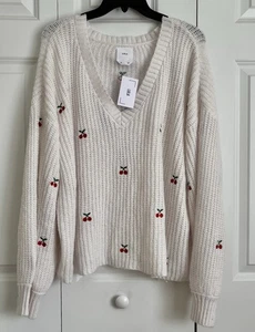 LOLA DAMEN PULLOVER V-AUSSCHNITT GR 2X WEISS STRICK KIRSCHE PULLI LANGARM - Bild 1 von 5