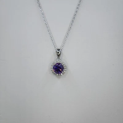 Amethyst CZ and White CZ Halo Pendant/Chain, Sterling Silver - Image 1 of 4