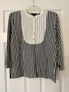 Top de mujer CHAPS rayas negras/blancas plisadas escote con botones mangas 3/4 talla XL - Imagen 1 de 4