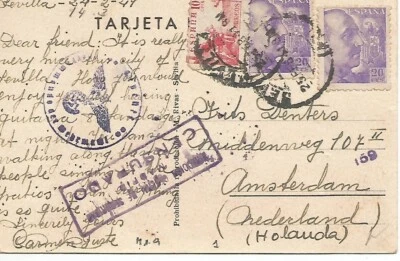 HISTORIA POSTAL TARJETA POSTAL SEVILLA HOLANDA CESURA MADRID Y DE LA SS ALEMANA - Imagen 1 de 2
