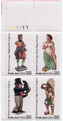 Scott #2243a (2240-43) Wood Carved Figurines Plate Block of 4 Stamps - MNH - Image 1 of 2