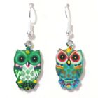 Dangle Earrings On Hooks With Green Colourful Mismatched Enamel Owl charms