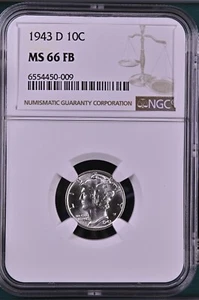 1943-D 10C FB Mercury Dime NGC MS66FB  6554450-009 - Picture 1 of 2