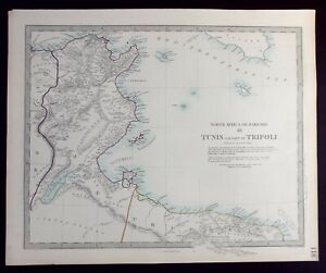 NORTH AFRICA, TUNIS, TRIPOLI, TUNISIA, LIBYA, original antique map, SDUK c.1858
