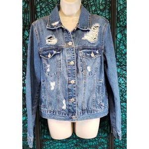 WAX JEAN GIR;S BUTTON UP DISTRESSED DENIM JACKET SZ. L MEDIUM WASH BLUE COTTON - Picture 1 of 8