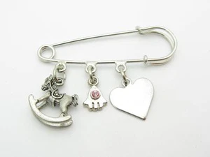 Silver Tone Hamsa Heart Rocking Horse Charm Kabbalah Evil Eye Baby Pin Stroller - Picture 1 of 1