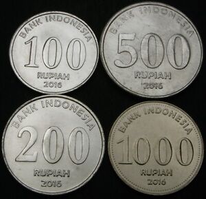 INDONESIA 100 Rupiah, 200, 500 & 1000 Rupiah 2016 - Lot of 4 Coins - UNC *