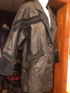 Silverleaf Black Coat Jacket Leather Suede Trim & Braid Embossed Paisley Prnt S - Picture 1 of 12