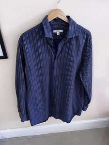 Merona Striped Dress Shirt Blue brown Long Sleeve Button Front XL 17-17 cotton - Picture 1 of 15
