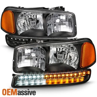 Fit 1999 - 2006 吉姆西 Sierra Yukon XL 黑色车头灯 + LED 保险杠信号灯 — 第 1/4 张图片