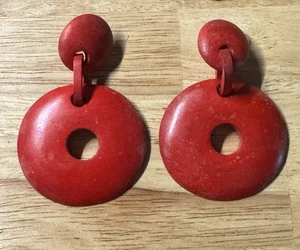 Pendientes llamadores de puerta de madera vintage rojo boho círculo redondo - Imagen 1 de 3