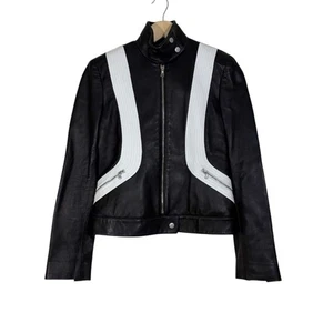 Chaqueta DKNY 100% Cuero Cordero Negra Blanca Moto Racer Italiana Para Mujer Talla 2 - Imagen 1 de 7