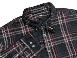 NEW Express Corduroy Shirt Men XXL Tall 2XLT Black Plaid Micro Cord Button Down - Picture 1 of 12