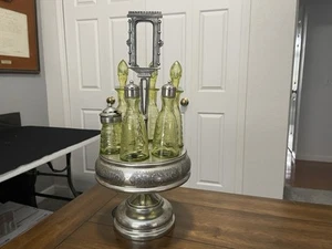 Antique 7 Piece Vaseline Castor - Condiment Set. It Glows. Silver Plate - Picture 1 of 19