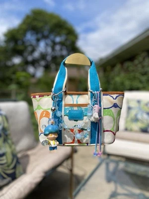 Coach Hampton Small Tote Bag Multicolor Canvas with Leather Trim Stripe Purse - Image 1 of 4