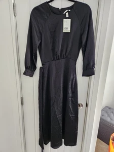 H&M Fitted Satin Black Dress Long UK XXS Size 4 EUR 32 Brand New with Tags - Picture 1 of 12