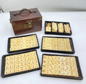 Juego de Mahjong Arte Chino Azulejos con Respaldo de Bambú Huesos Mahjong Caja de Cuero - Imagen 1 de 19