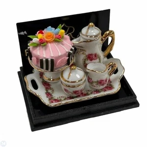 Dollhouse Miniature Reutter Porcelain Coffee Tray with Rose Cake in Rose Design - Picture 1 of 2