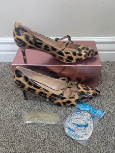 Size 8 Women's Leopard Print Stiletto Mid Heel T-strap Slip On Pointed Toe Pumps - Picture 1 of 7